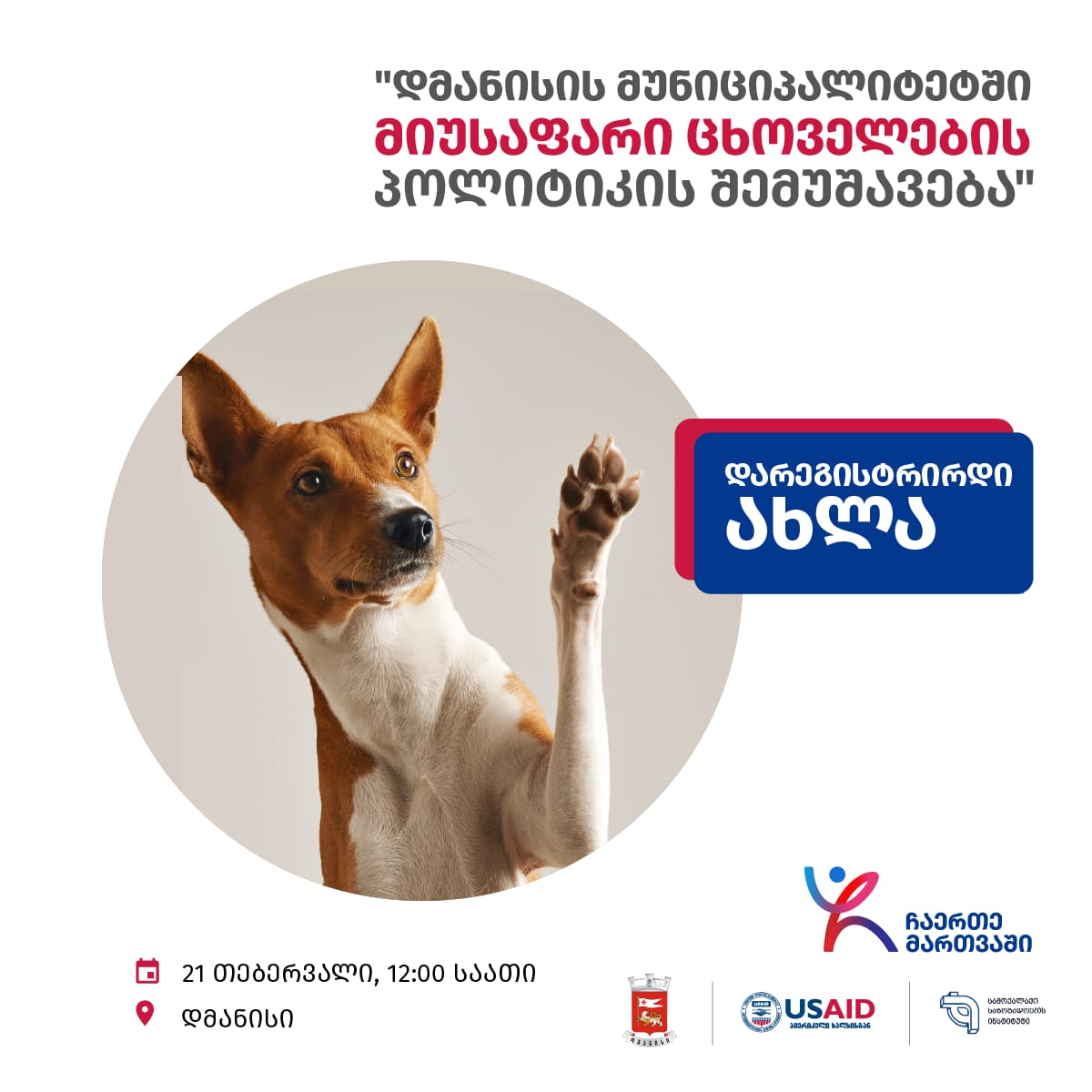დმანისელებს, ვისაც გაწუხებთ მიუსაფარი ცხოველების ბედი, შემოგვიერთდი საჯარო შეხვედრაზე 21 თებერვალს 12:00 საათზე დმანისში მუნიციპალიტეტის ორგანიზებით გაიმართება საჯარო კონსულტაცია მოქალაქეებთან და სამოქალაქო საზოგადოებასთან, სადაც განიხილება მიუსაფარი ცხო